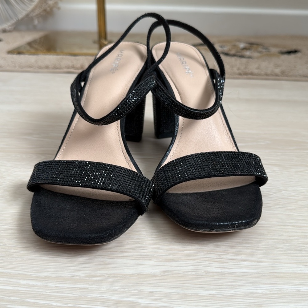 3/$10 Maripe Black Sequined Strappy Block Heels - Picture 5 of 10